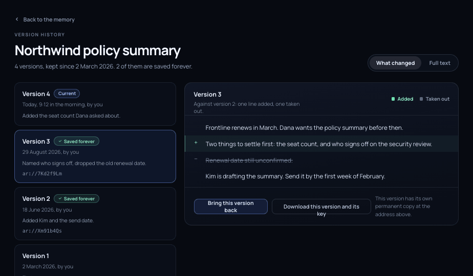 Screenshot: version history for a memory